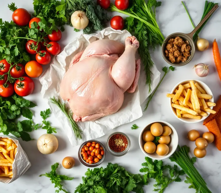 Fresh whole chicken with roasted sides
